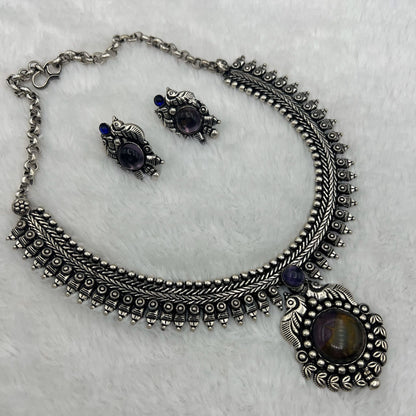 Fashion - Classic Style Purple Color Oxidized Necklace Set With Oxidized Silver Tone Plating