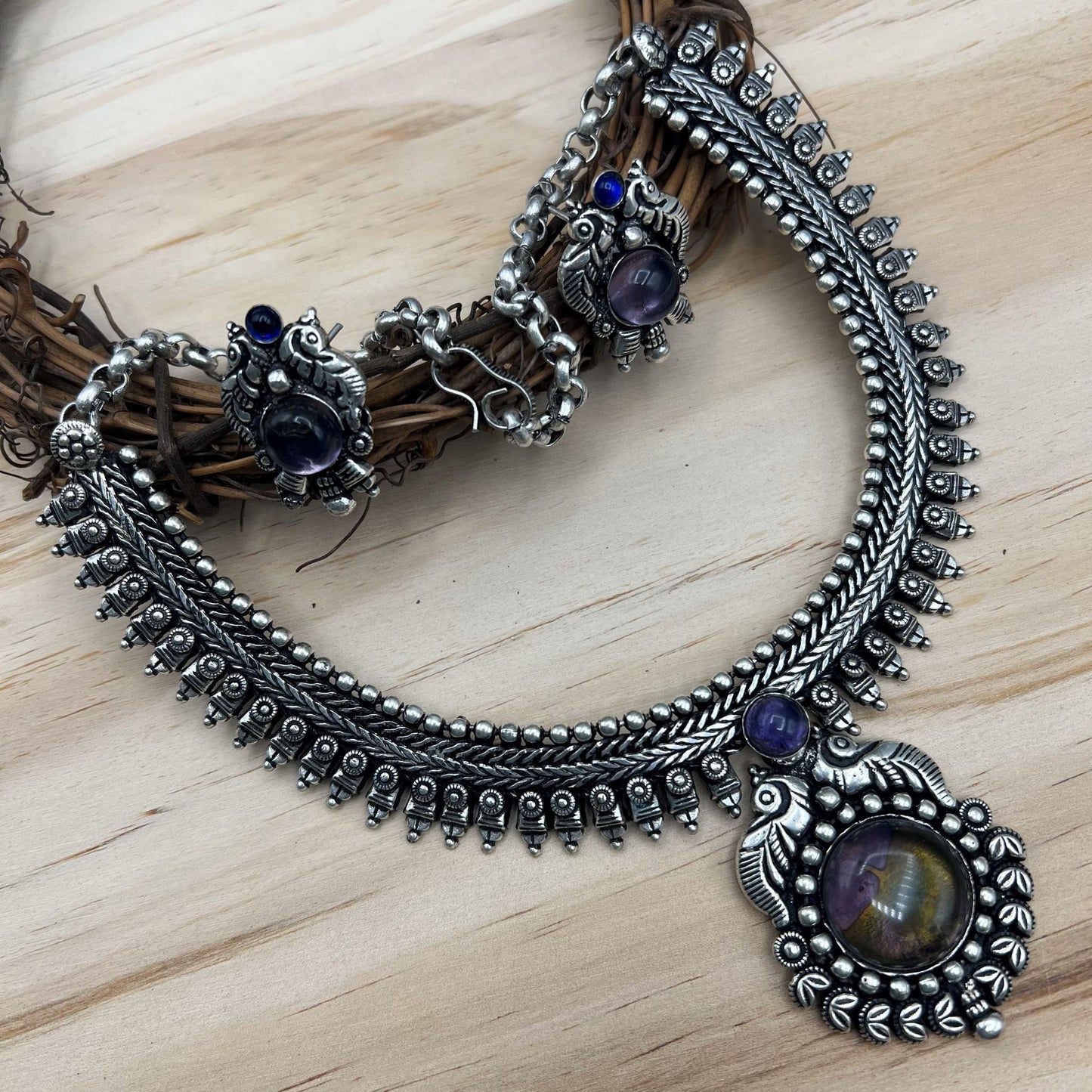 Fashion - Classic Peacock Design Purple Oxidized Necklace Set