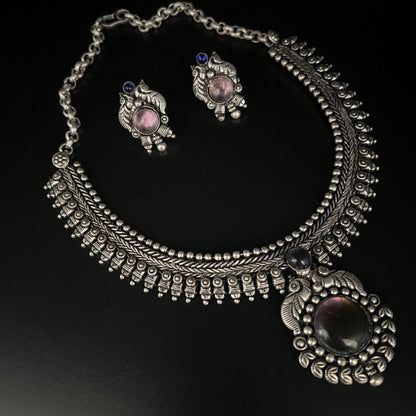 Fashion - Classic Peacock Design Purple Oxidized Necklace Set