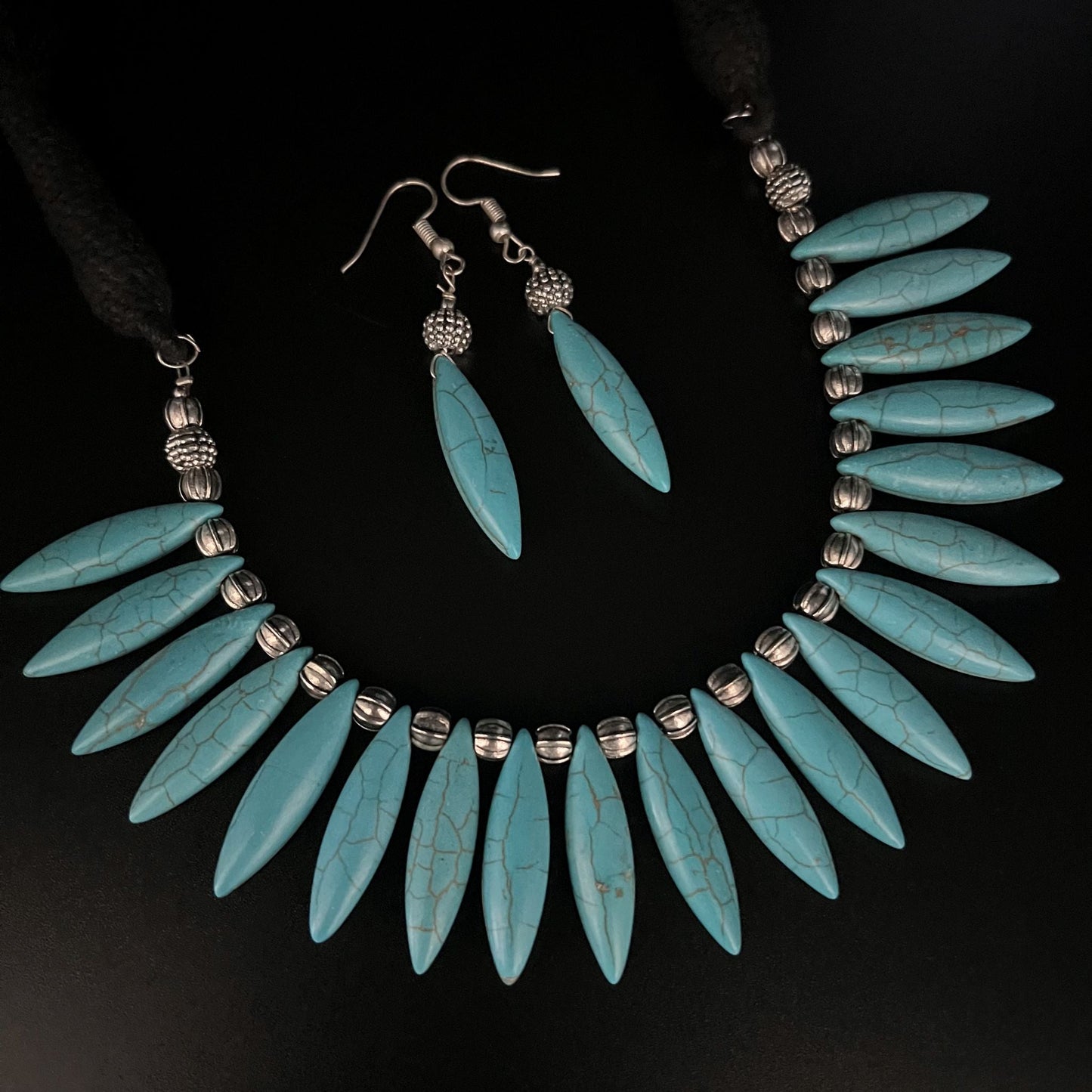 Fashion -  Trendy Style Turquoise Blue Color Oxidized Necklace Set With Oxidized Silver Tone Plating