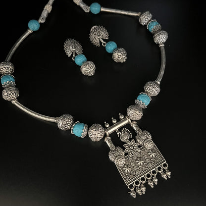 Fashion - Classic Style Turquoise Blue Color Oxidized Necklace Set With Oxidized Silver Tone Plating