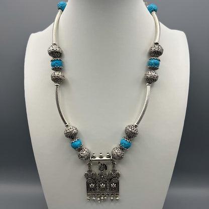 Fashion - Classic Style Turquoise Blue Color Oxidized Necklace Set With Oxidized Silver Tone Plating