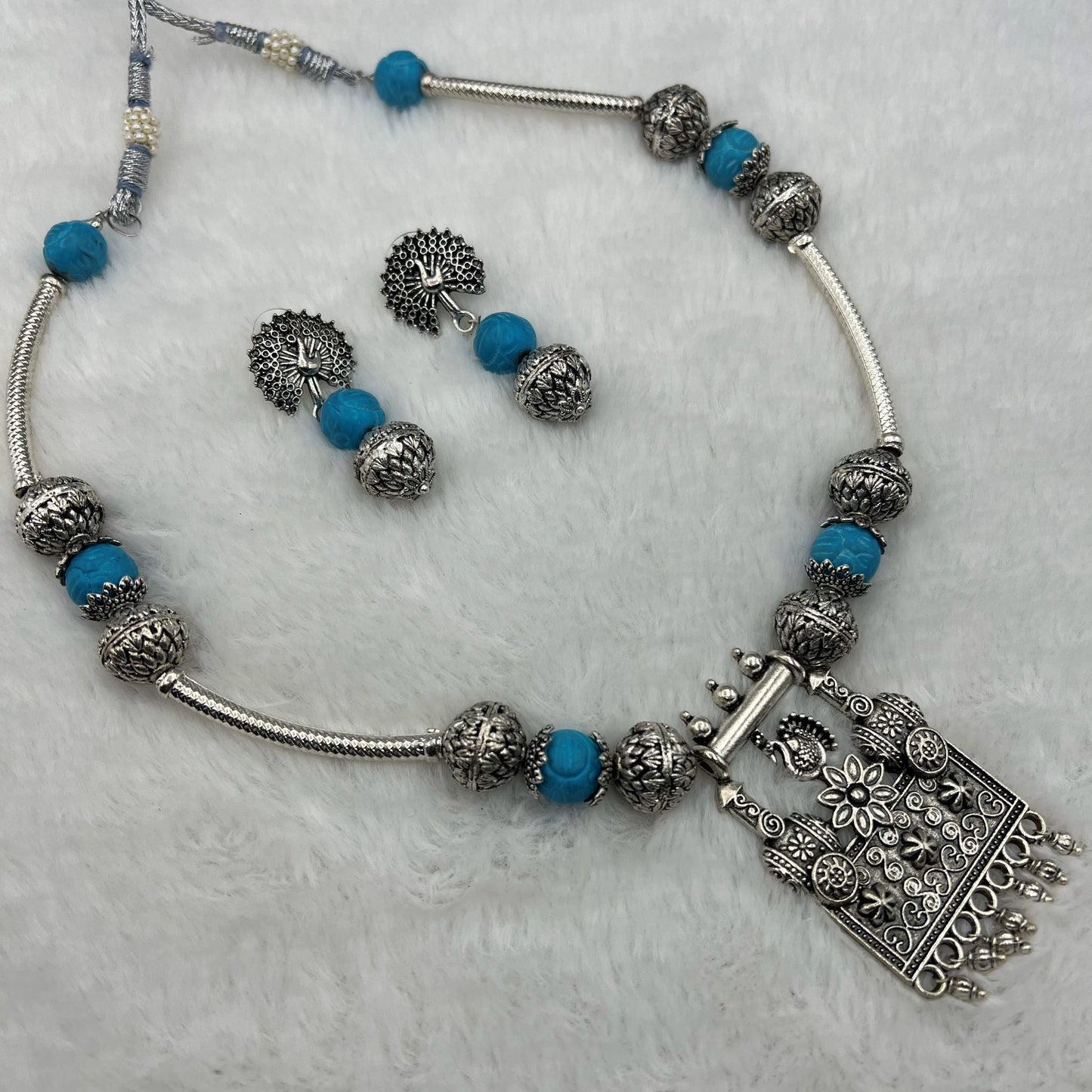 Fashion - Classic Style Turquoise Blue Color Oxidized Necklace Set With Oxidized Silver Tone Plating