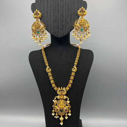 Fashion - Beautiful Peacock Design Ruby Pink & Green Goddess Lakshmi Antique Traditional Temple Necklace Set