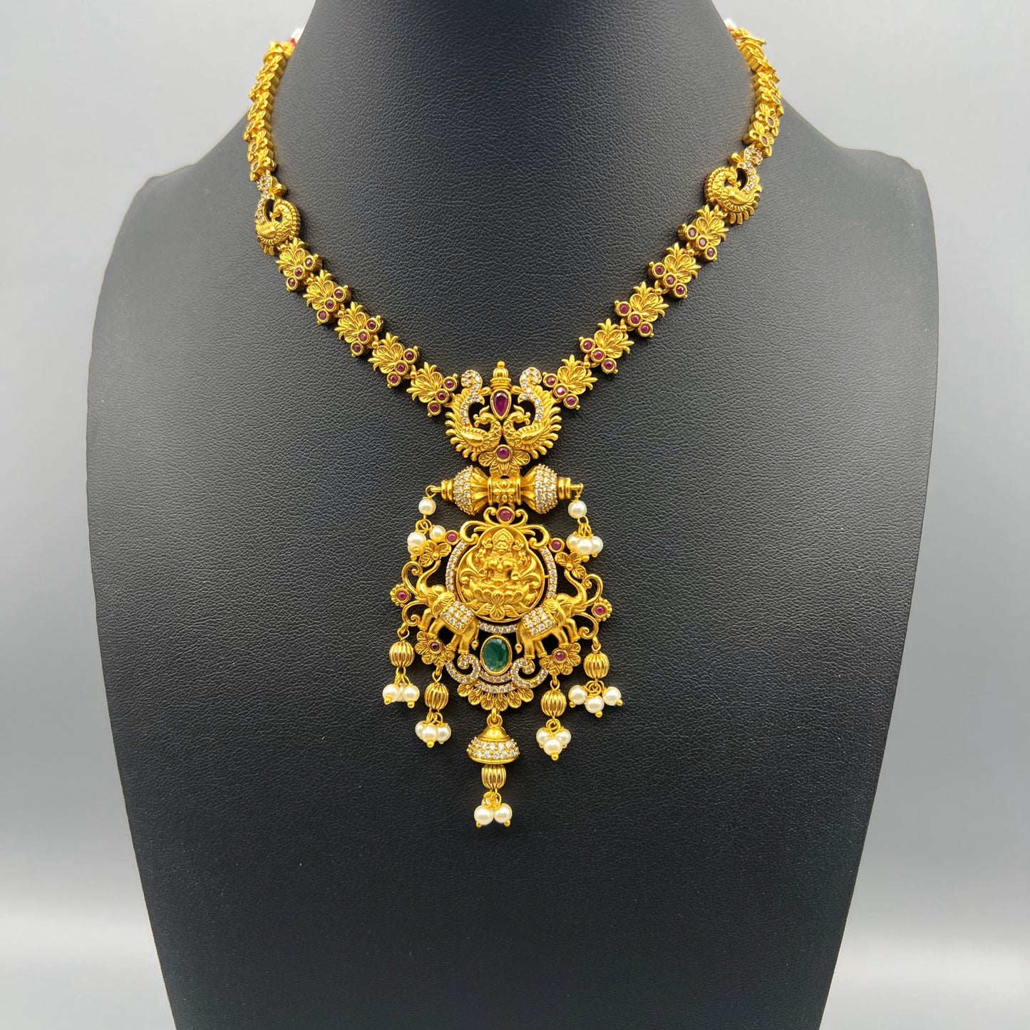 Fashion - Beautiful Peacock Design Ruby Pink & Green Goddess Lakshmi Antique Traditional Temple Necklace Set