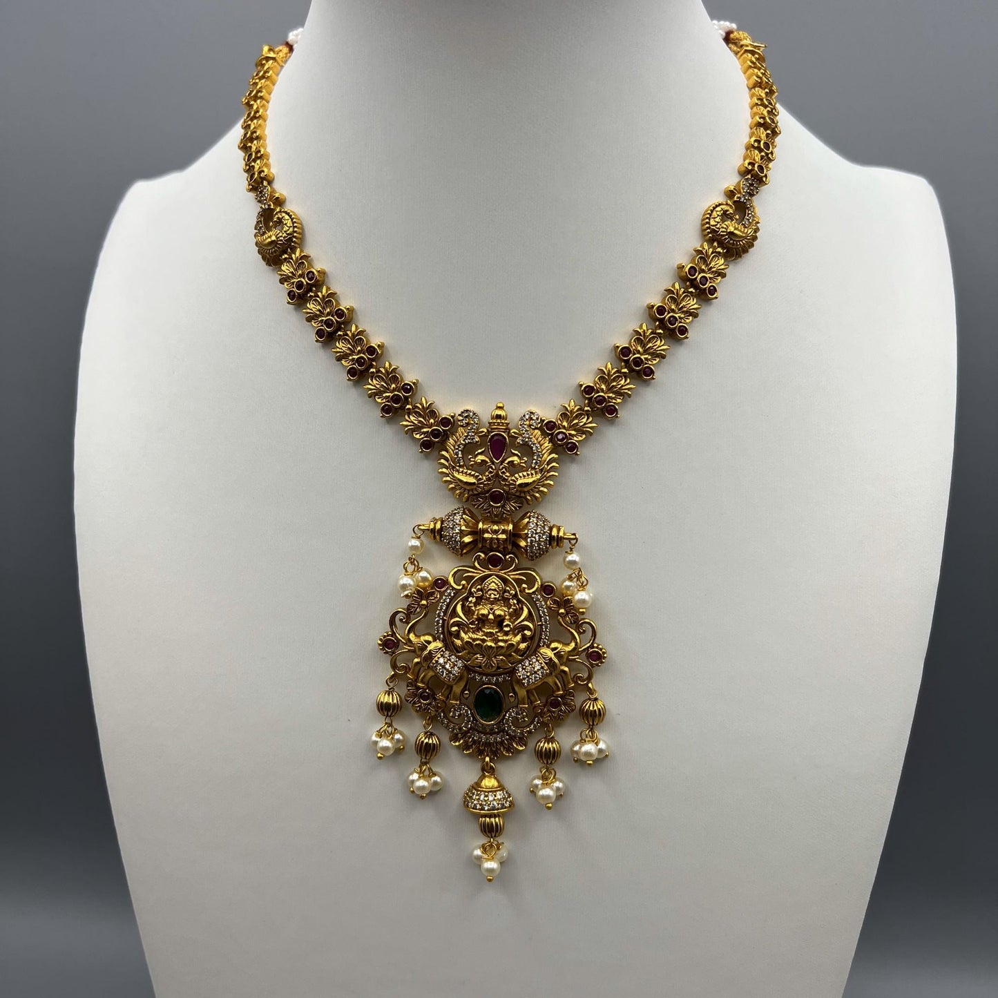 Fashion - Beautiful Peacock Design Ruby Pink & Green Goddess Lakshmi Antique Traditional Temple Necklace Set