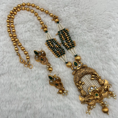 Fashion - Classic Rajwadi Design Green Antique Traditional, Bead Mix Necklace Set