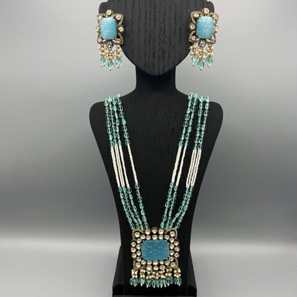 Fashion - Exclusive Designer Blue Carved Stone Kundan Moissanite Polki, Bead Mix Long Necklace Set