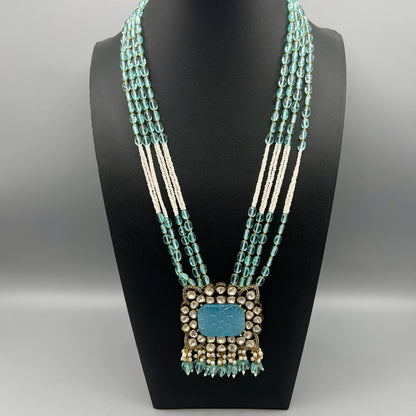 Fashion - Exclusive Designer Blue Carved Stone Kundan Moissanite Polki, Bead Mix Long Necklace Set