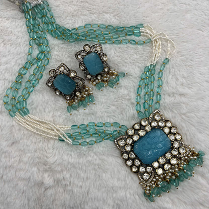 Fashion - Exclusive Designer Blue Carved Stone Kundan Moissanite Polki, Bead Mix Long Necklace Set