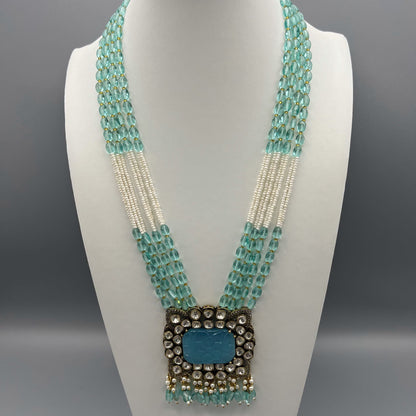 Fashion - Exclusive Designer Blue Carved Stone Kundan Moissanite Polki, Bead Mix Long Necklace Set