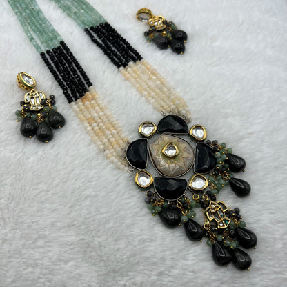 Fashion - Exclusive Designer Meenakari Enamel Work Black & Mint Green Kundan, Bead Mix Necklace Set