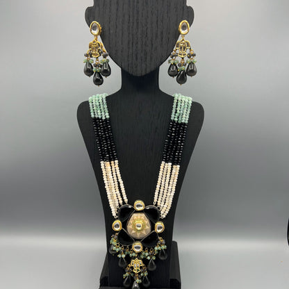 Fashion - Exclusive Designer Meenakari Enamel Work Black & Mint Green Kundan, Bead Mix Long Necklace Set