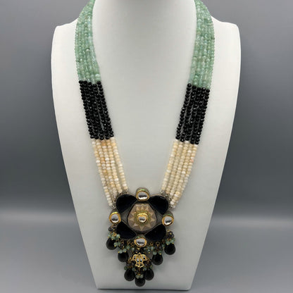 Fashion - Exclusive Designer Meenakari Enamel Work Black & Mint Green Kundan, Bead Mix Long Necklace Set