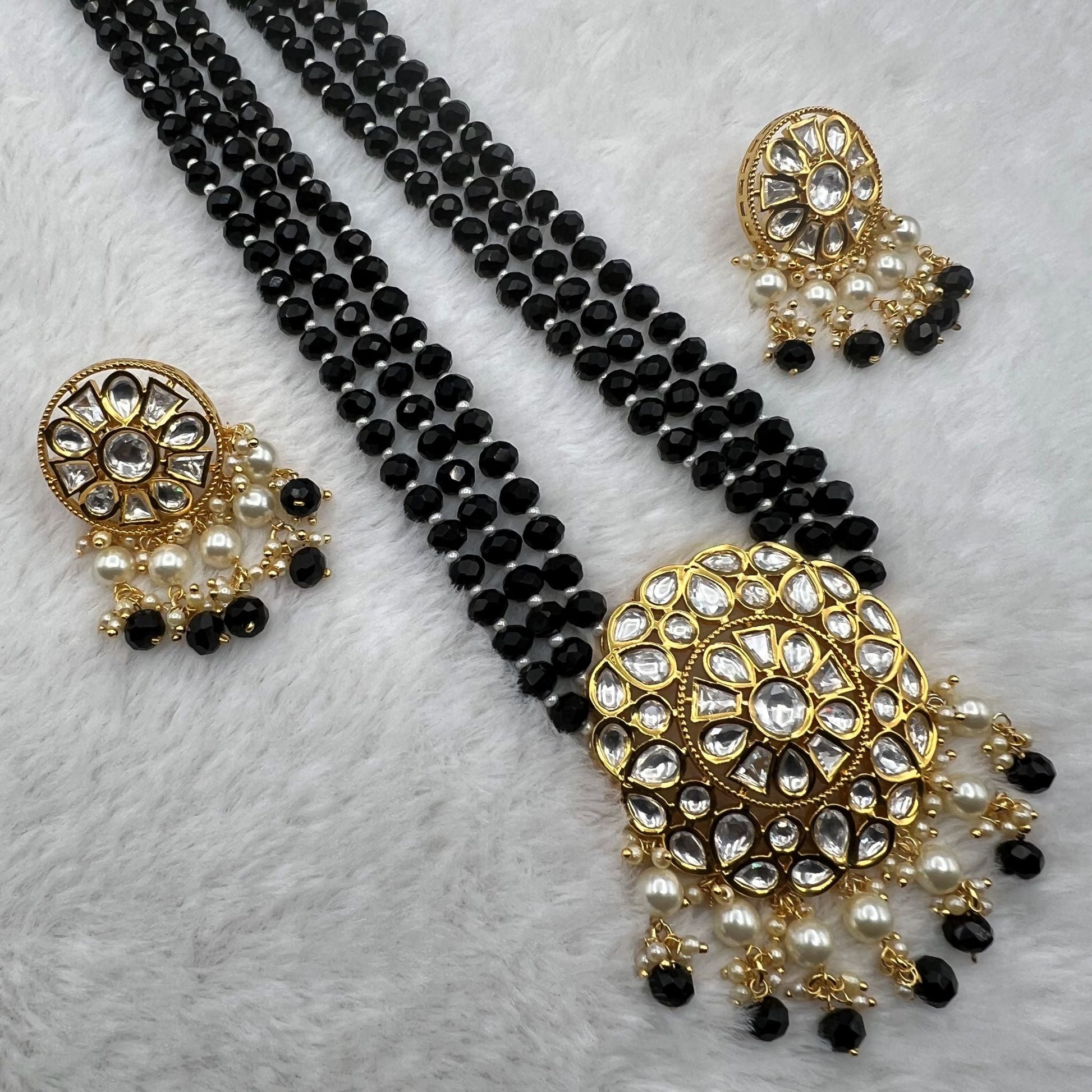 Fashion - Exclusive Designer Black Kundan, Bead Mix Necklace Set