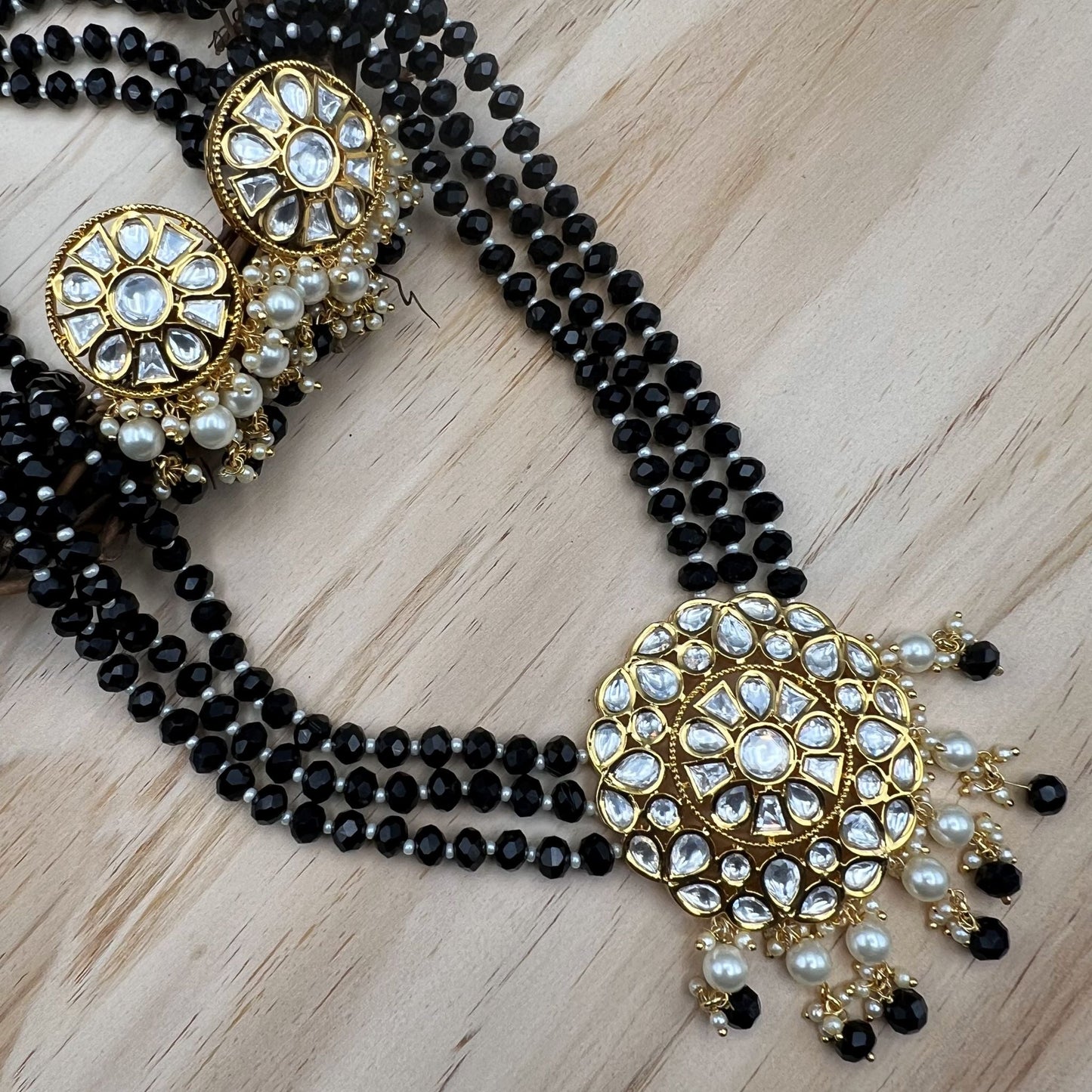 Fashion - Exclusive Designer Black Bead Kundan, Bead Mix Necklace Set