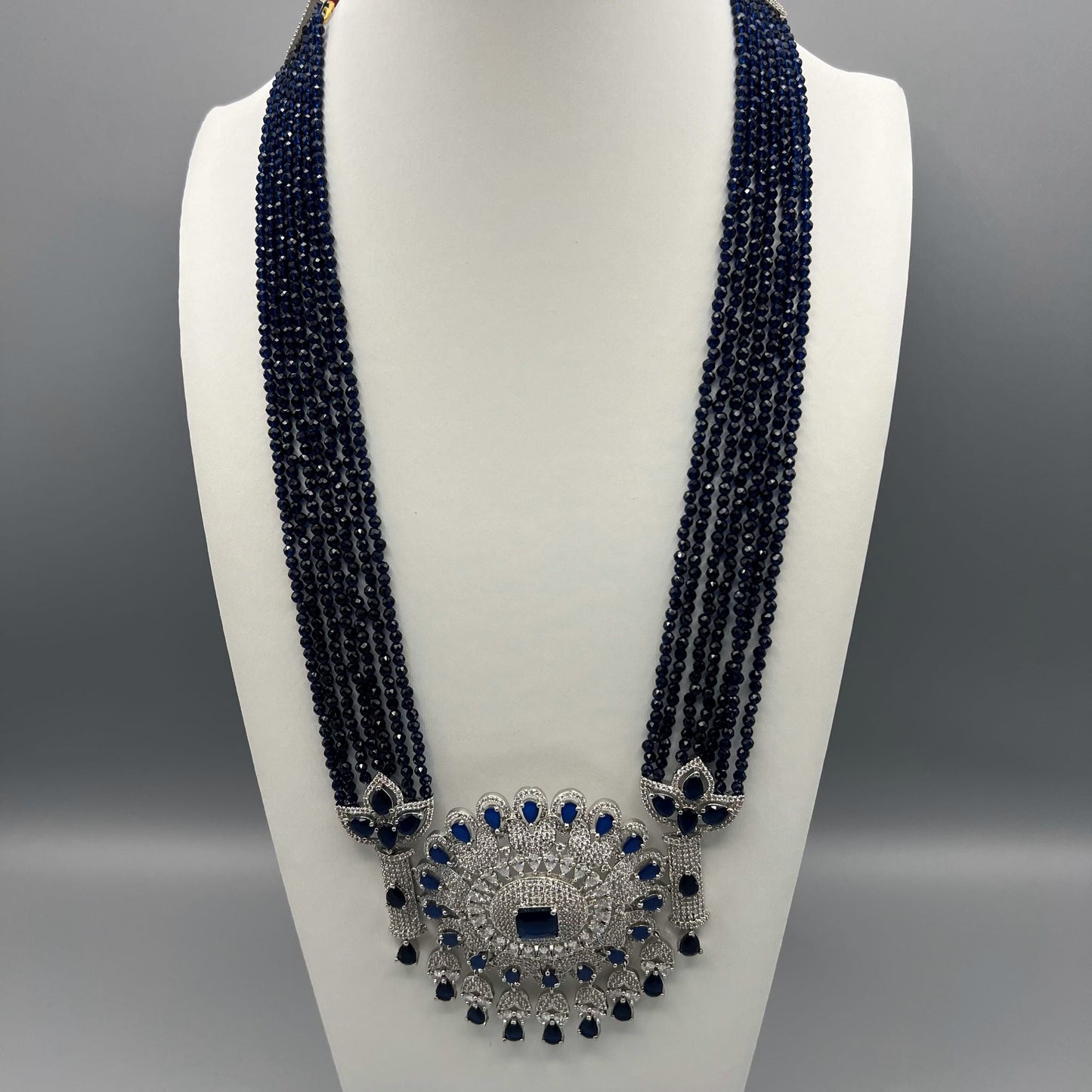 Fashion - Exclusive Eye Catching Pendant & Blue AD/CZ Stone, Bead Mix Necklace Set