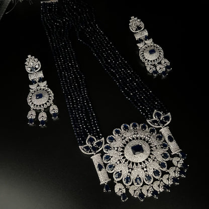 Fashion - Exclusive Eye Catching Pendant & Blue AD/CZ Stone, Bead Mix Necklace Set