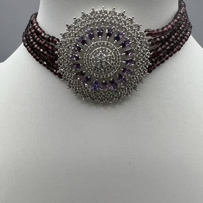 Fashion - Best Seller With Large Flower Pendant, Purple AD/CZ Stone, Bead Mix Choker Necklace Set