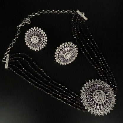 Fashion - Best Seller With Large Flower Pendant, Purple AD/CZ Stone, Bead Mix Choker Necklace Set