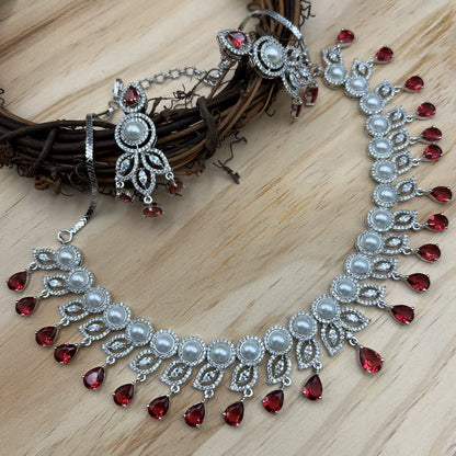 Fashion - Gorgeous Ruby Red AD/CZ Stone Necklace Set