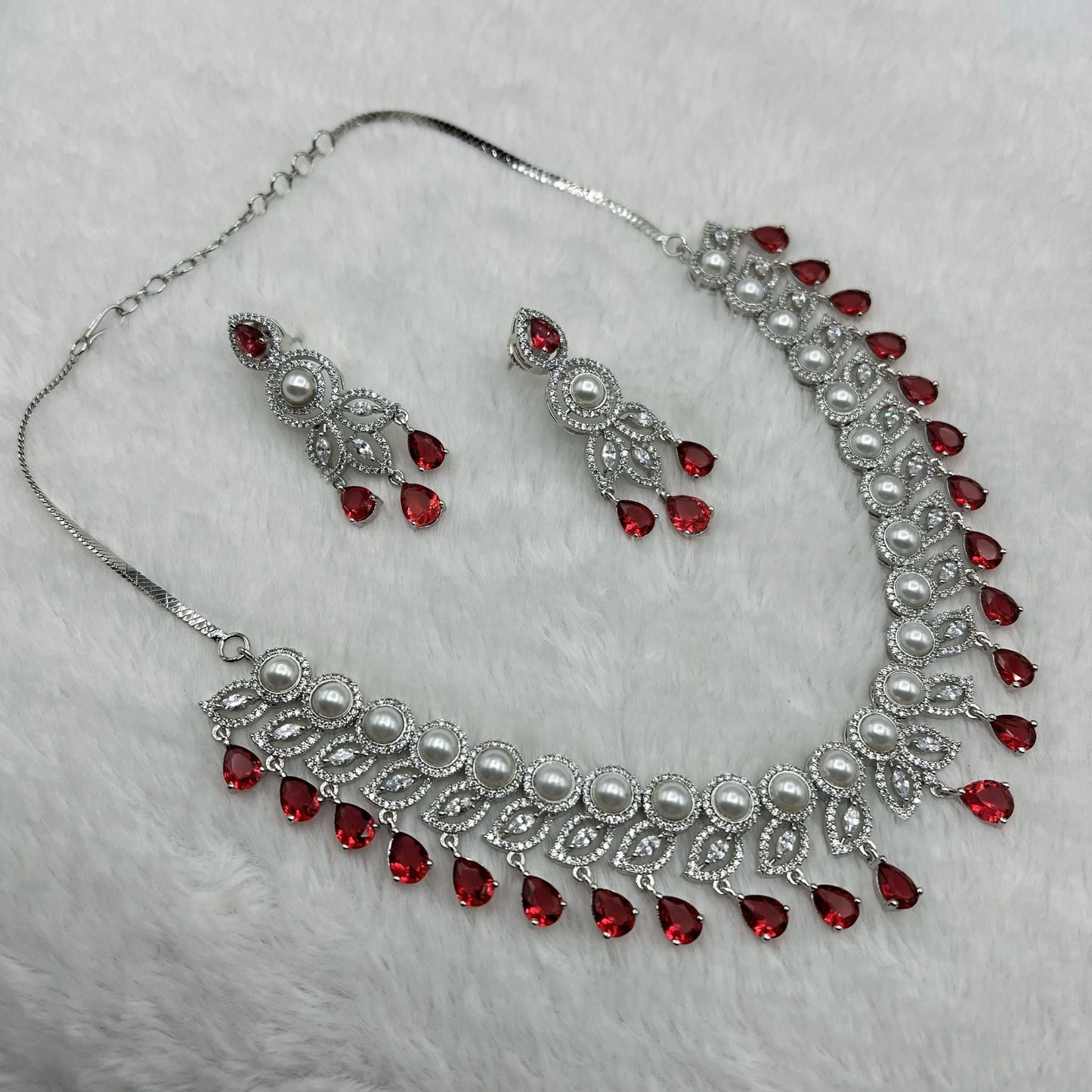 Fashion - Gorgeous Ruby Red AD/CZ Stone Necklace Set