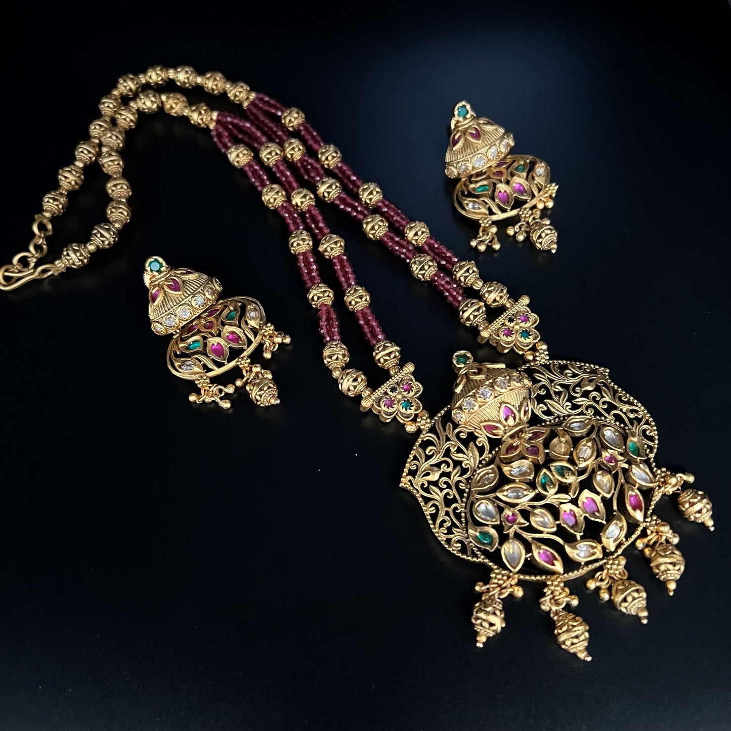 Fashion - Intricately Designed Ruby Pink & Green Antique Traditional, Bead Mix Necklace Set