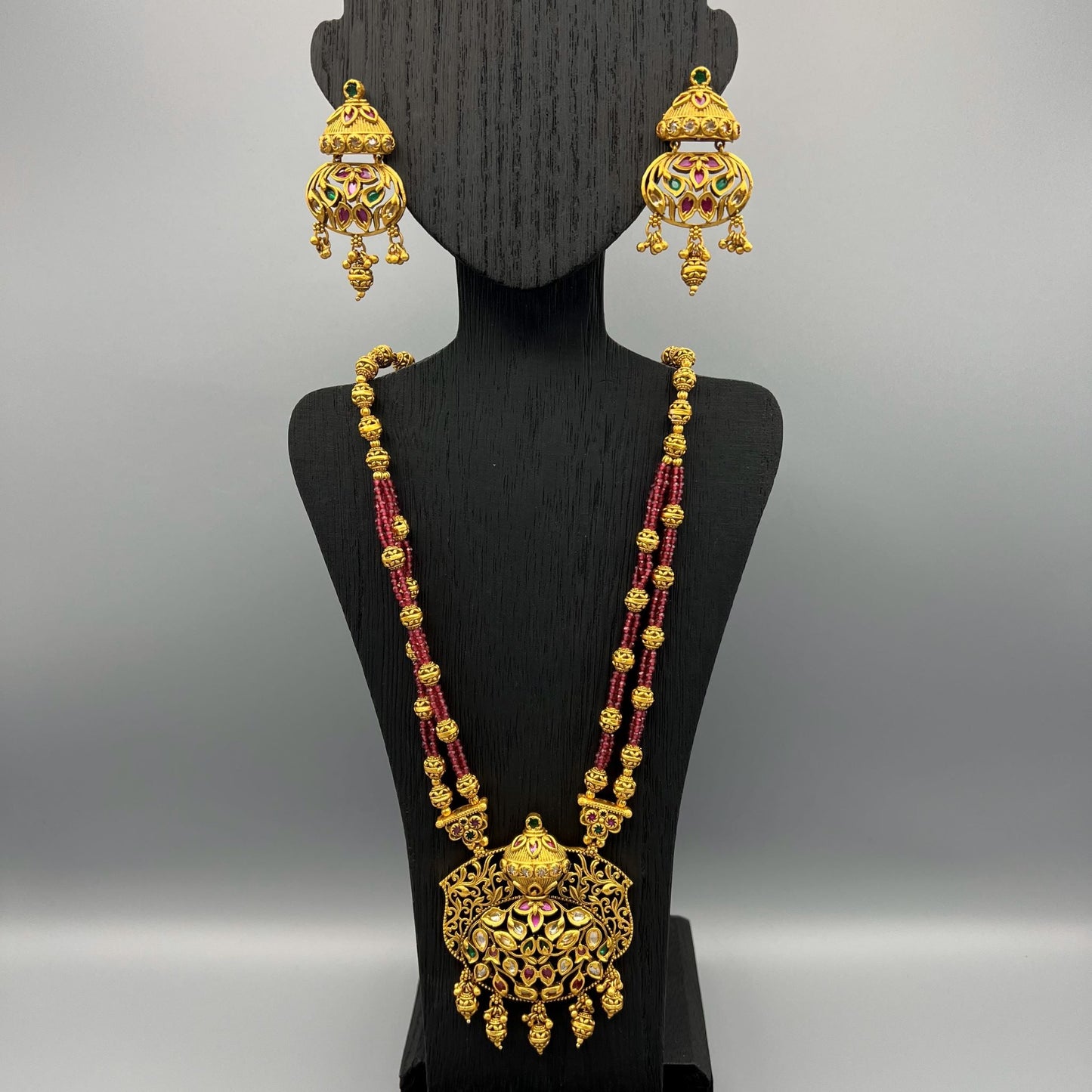 Fashion - Intricately Designed Ruby Pink & Green Antique Traditional, Bead Mix Necklace Set