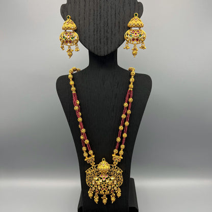 Fashion - Intricately Designed Ruby Pink & Green Antique Traditional, Bead Mix Necklace Set