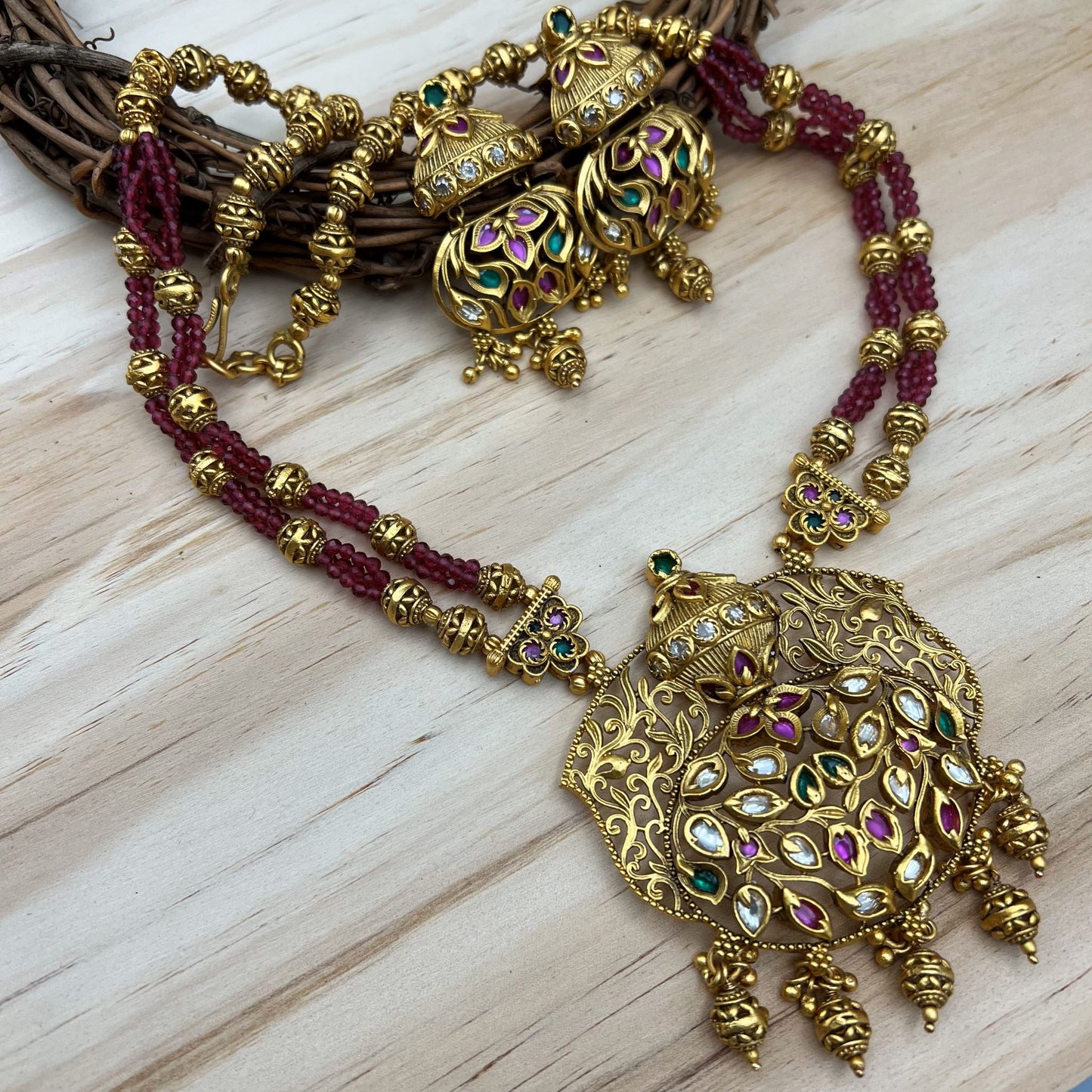 Fashion - Intricately Designed Ruby Pink & Green Antique Traditional, Bead Mix Necklace Set