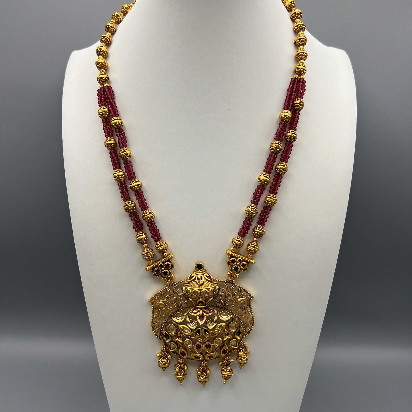 Fashion - Intricately Designed Ruby Pink & Green Antique Traditional, Bead Mix Necklace Set