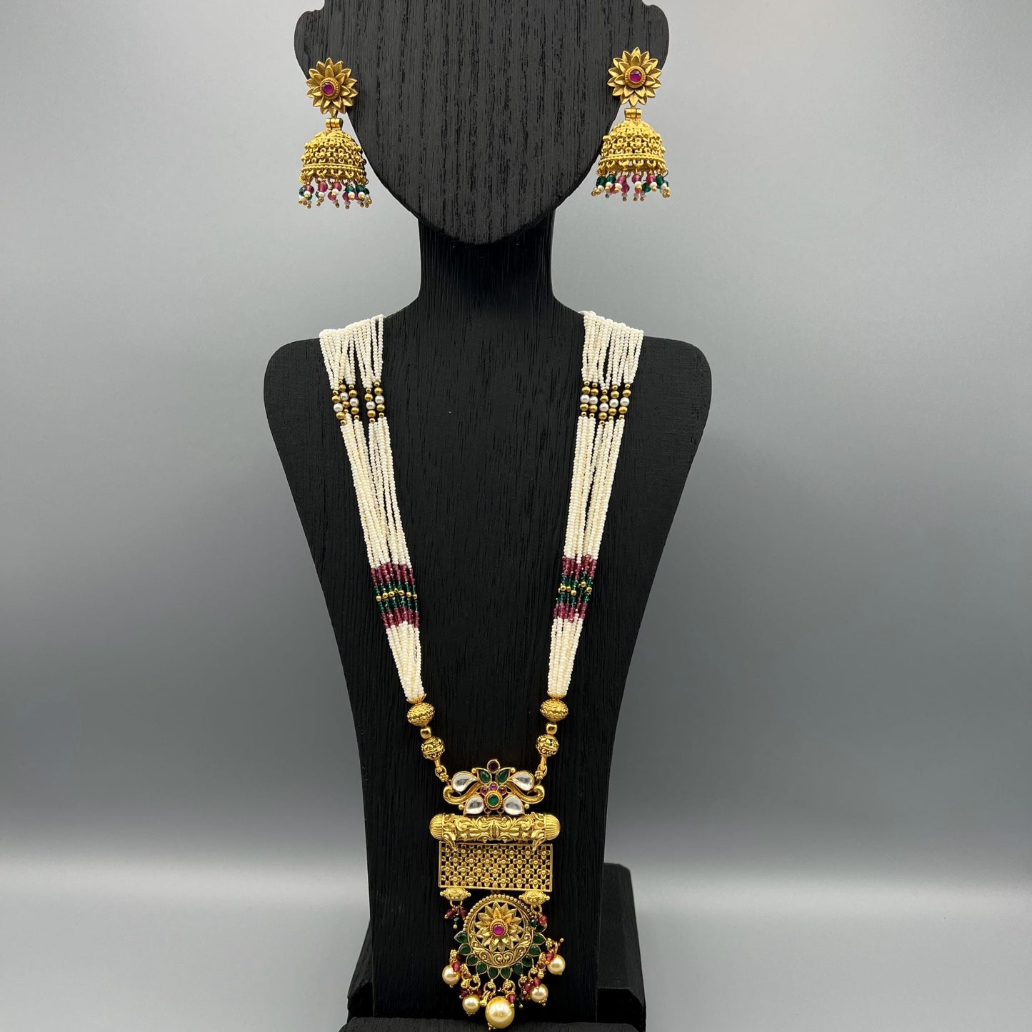 Fashion - Rajwadi Style Ruby Pink & Green Antique Traditional, Bead Mix Necklace Set