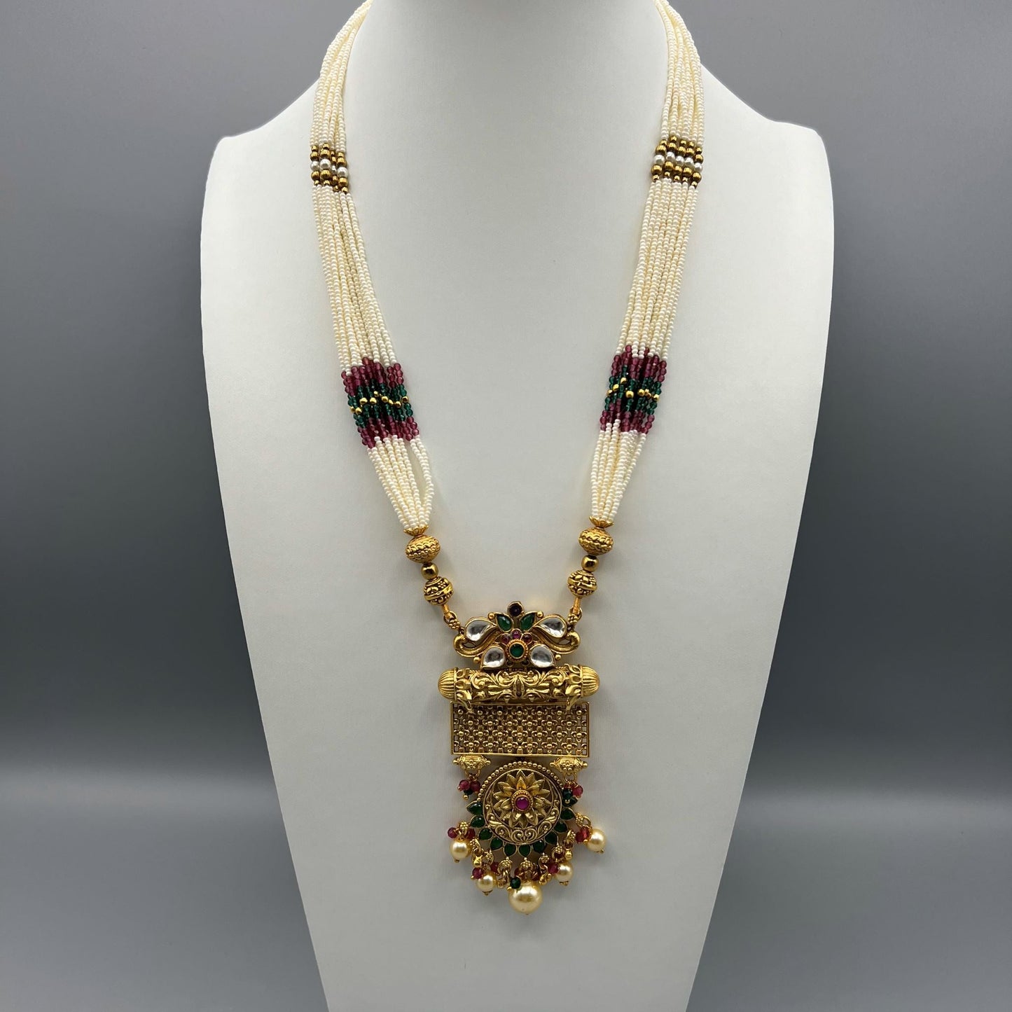 Fashion - Rajwadi Style Ruby Pink & Green Antique Traditional, Bead Mix Necklace Set