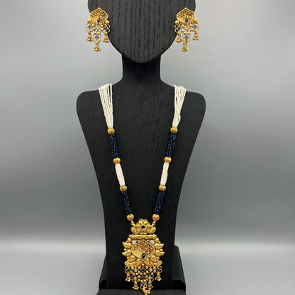 Fashion - Rajwadi Style Leaf Pattern Navy Blue Antique Traditional, Bead Mix Necklace Set