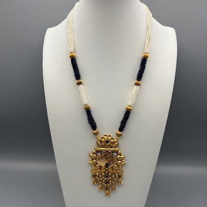 Fashion - Rajwadi Style Leaf Pattern Navy Blue Antique Traditional, Bead Mix Necklace Set