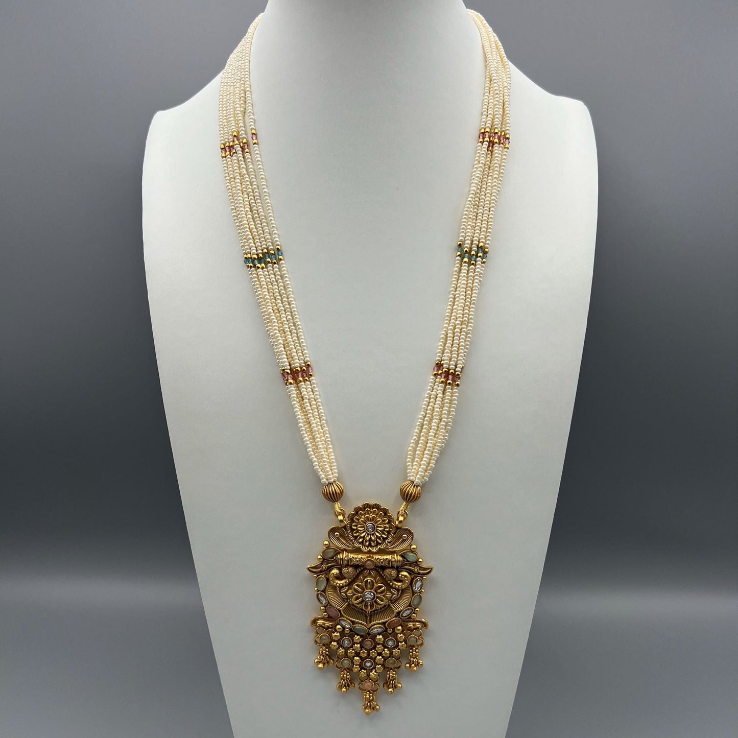 Fashion - Rajwadi Style Mint Green & Light Pink Antique Traditional, Bead Mix Necklace Set