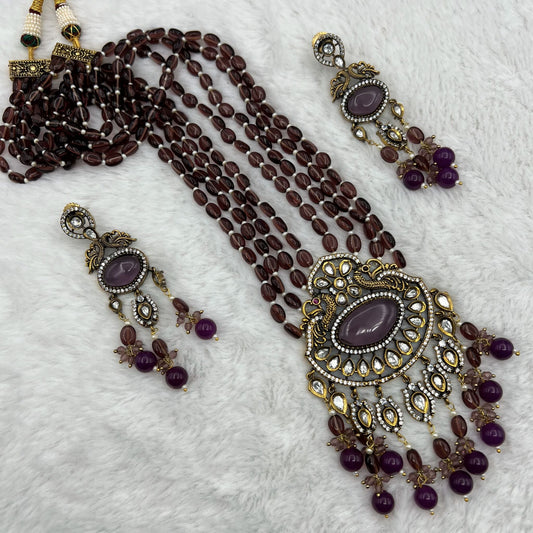 Fashion - Exclusive Victorian Style Dark Purple Kundan, Bead Mix Necklace Set