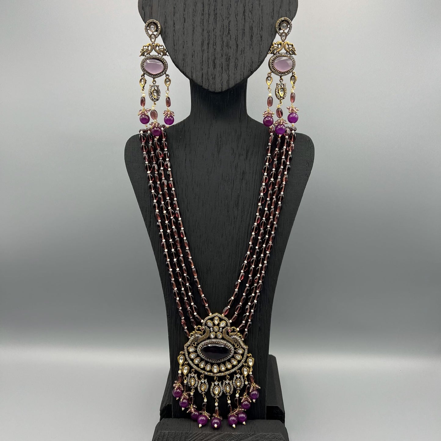 Fashion - Exclusive Victorian Style Dark Purple Kundan, Bead Mix Long Necklace Set