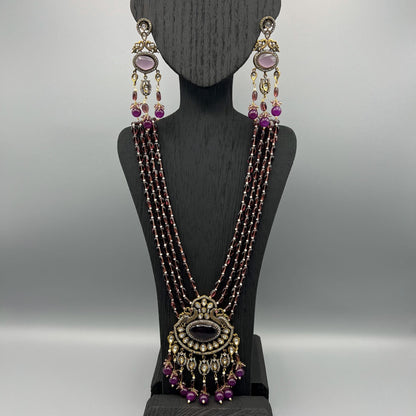 Fashion - Exclusive Victorian Style Dark Purple Kundan, Bead Mix Long Necklace Set