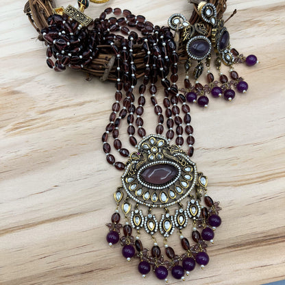 Fashion - Exclusive Victorian Style Dark Purple Kundan, Bead Mix Long Necklace Set