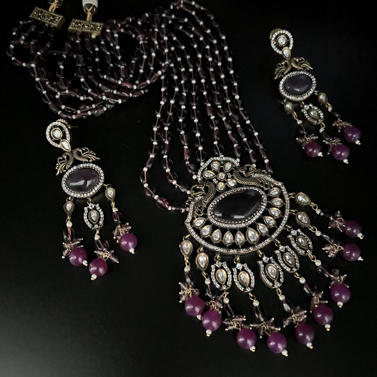 Fashion - Exclusive Victorian Style Dark Purple Kundan, Bead Mix Long Necklace Set