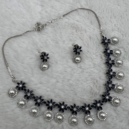 Fashion - Pretty Floral Pattern Dark Blue AD/CZ Stone Necklace Set