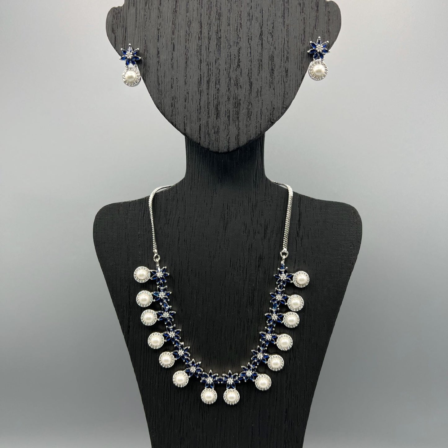 Fashion - Pretty Floral Pattern Pearl, Dark Blue AD/CZ Stone Necklace Set