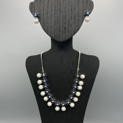 Fashion - Pretty Floral Pattern Pearl, Dark Blue AD/CZ Stone Necklace Set