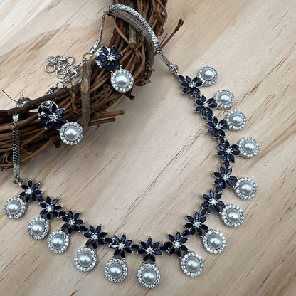 Fashion - Pretty Floral Pattern Pearl, Dark Blue AD/CZ Stone Necklace Set