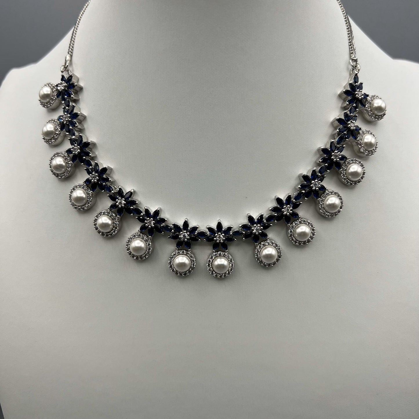 Fashion - Pretty Floral Pattern Pearl, Dark Blue AD/CZ Stone Necklace Set