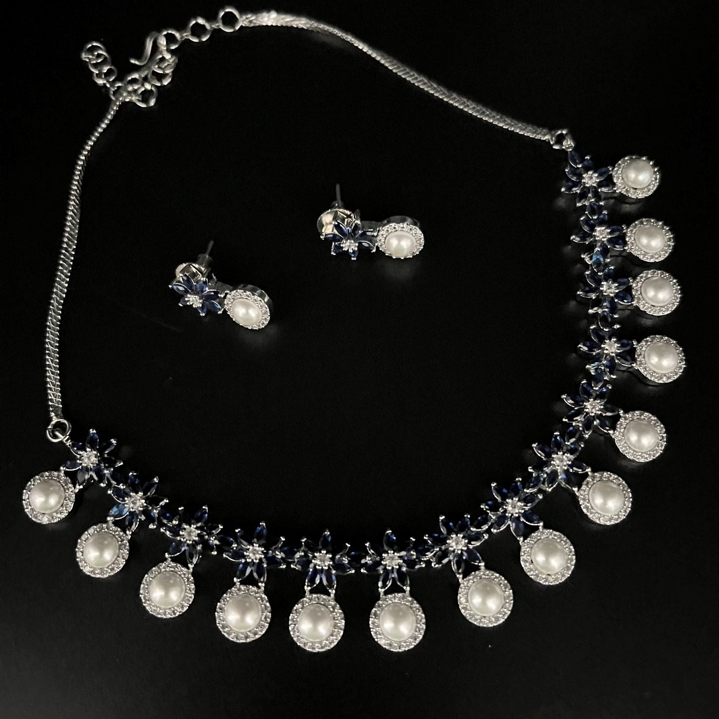 Fashion - Pretty Floral Pattern Pearl, Dark Blue AD/CZ Stone Necklace Set