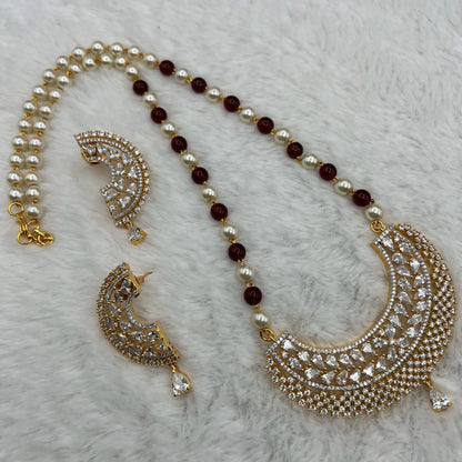 Fashion - Attractive Dark Red AD/CZ Stone, Bead Mix Necklace Set