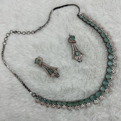 Fashion - Victorian Inspired Mint Green AD/CZ Stone Necklace Set