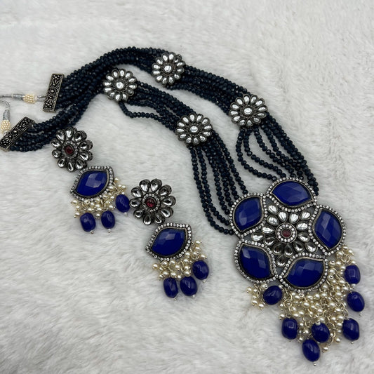 Fashion - Statement Navy Blue Oxidized, Bead Mix Necklace Set